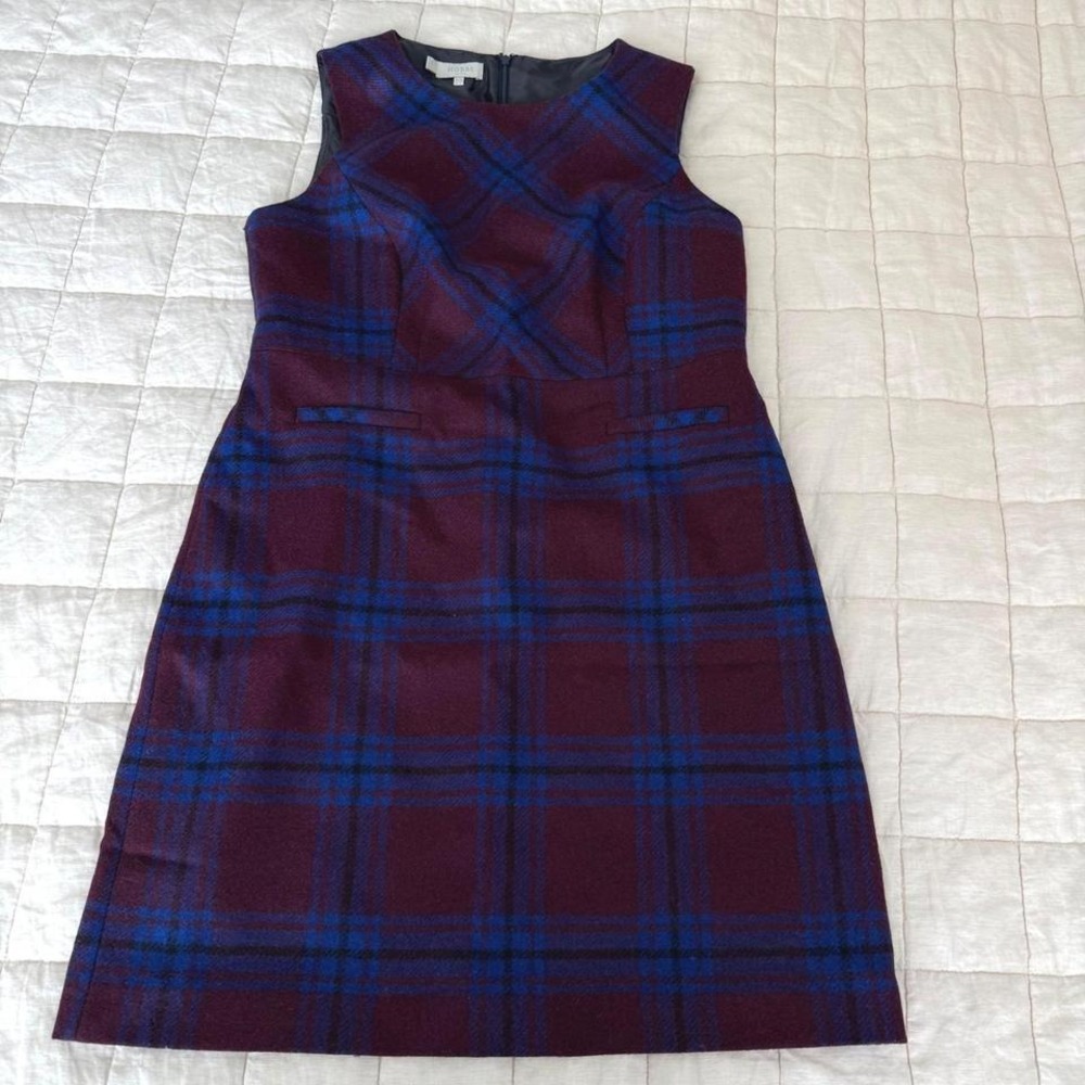 Hobbs London Plaid Wool Sheath Dress Burgundy Blue Knee Length Sleeveless sz 12 - Picture 6 of 9